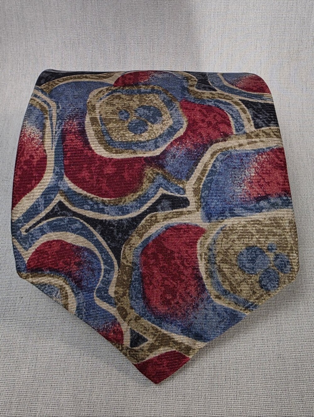 Mens Bold Floral Geometric Necktie in Red, Blue & Gold Vintage Tie
